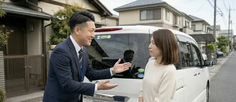 査定士が車のオーナーに説明している交渉シーン